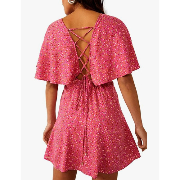 NEW FREE PEOPLE PINK FEMME COMBO FLORENCE SMOCKED LACE UP BACK MINI DRESS SZ S - Picture 5 of 7